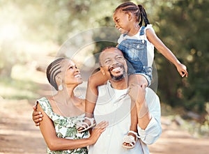 Family, love and children with a happy mother, father and daughter outside in a park during summer. Mature man and woman