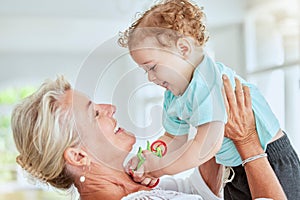 Family, love and grandma play with baby at home bonding, having fun and enjoy quality time together. Grandmother lifting