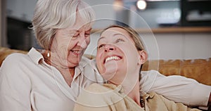 Family, love or hug with senior mother and daughter on sofa in living room of home for bonding visit. Mothers day, smile