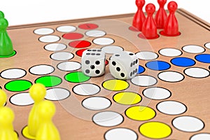 Family Ludo Desk Wooden Board Game Closeup. 3d Rendering