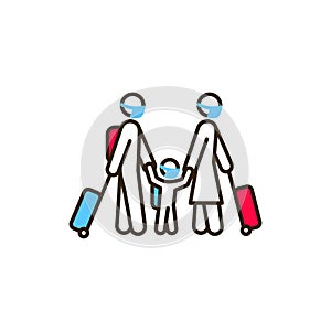 Family with luggage color line icon. Safe travel. Pictogram for web, mobile app, promo. UI UX design element.