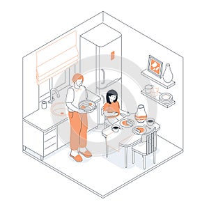 Family lunch in the kitchen - modern line design style isometric illustration photo