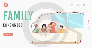 Family Lying on Bed Landing Page Template. Happy Sparetime, Mother with Teen Children and Little Baby Under Blanket