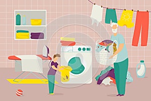 Family make housework, father son washing clothes together, vector illustration. Man boy character make chores work