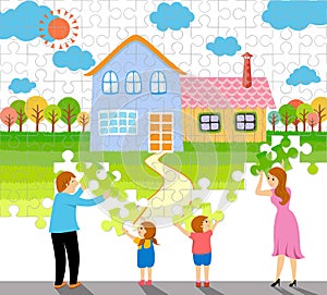 A family making a home jigsaw puzzle vector illustration