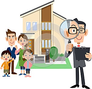 A family, a man in a suit holding a document and looking through a magnifying glass, and a house