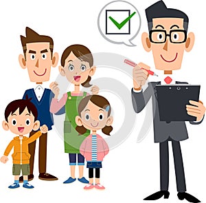 Family and a man in a suit putting a check mark on a document