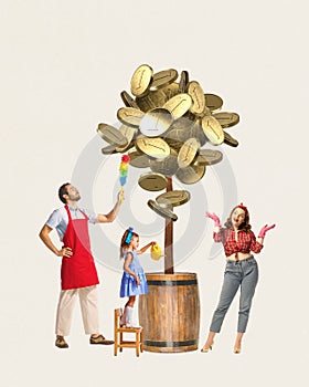 Family, man, woman with child watering and dusting coin tree. Advertisement for family-oriented investment planning