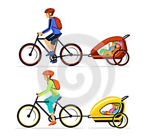 Family, Man and Woman with their his children traveling cycling together with kids trailers