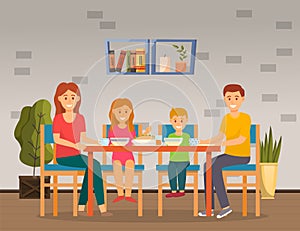 Family meal time. Dad, mom and kids at the table in modern dining room. Home cozy interior