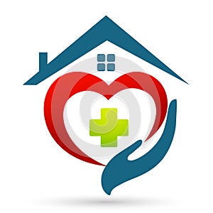 Family Medical home house hand care red heart happiness wellness love clinic protect people life care healthy heart logo design