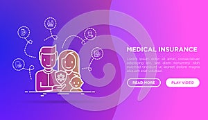 Family medical insurance web page template. Thin line icons: policy, life insurance, maternity program, 24/7 support, mobile app,