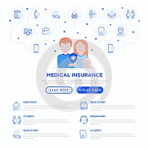 Family medical insurance web page template. Thin line icons: policy, life insurance, psychological support, maternity program, 24/