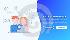 Family medical insurance web page template. Thin line icons: policy, life insurance, psychological support, maternity program, 24/