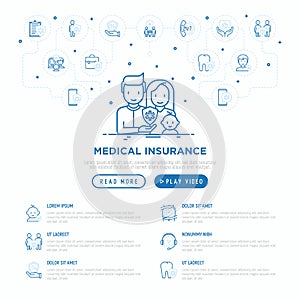 Family medical insurance web page template. Thin line icons: policy, life insurance, psychological support, maternity program, 24/