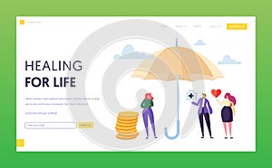 Family Medical Life Insurance Landing Page Concept. Woman Character Safety under Umbrella. Medicine and Healthcare
