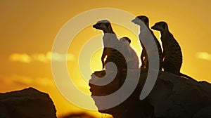 A family of meerkat silhouettes huddled together on a rocky outcrop their watchful eyes peering into the setting sun.