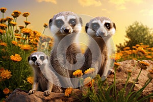 Family of meerkat in the yellow flower field, Mammals, Wildlife Animals. Illustration, Generative AI