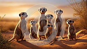 family of meerkats in the golden light of the African savannah.