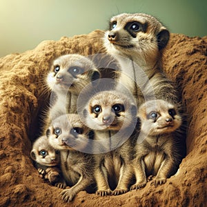 A family of meerkats peeking out of their burrow with attentive and adorable expressions