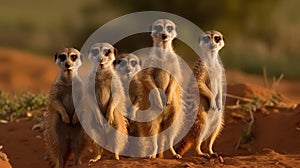 A family of meerkats standing tall and alert created with Generative AI