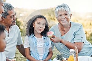 Family members can be your best friends. Shot of a senior woman feeding her grand daughter some watermelon at a picnic.