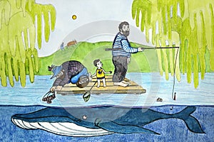 Family members of the grandfather, father and son spend time together fishing on a raft in the summer.