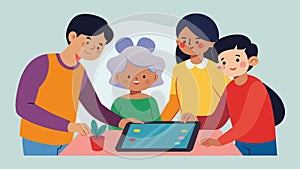 Family members take turns drawing and guessing on a digital drawing game passing around a tablet that displays the photo