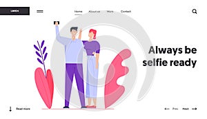 Family Memory Sweet Moments Website Landing Page. Young Happy Couple Making Selfie. Man Holding Smartphone