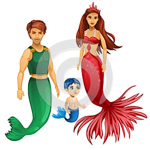 Family of mermaids, mother, father and child