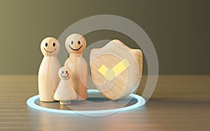 Family model with Shield protect icon, Family Protection and Family insurance concept, children healthcare