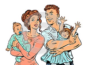 Family mom and dad with children in their arms. pop art retro illustration 50s 60s style