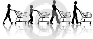 Family mom dad kids together push shopping carts photo