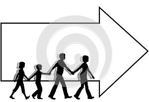 Family mom dad kids walk to follow arrow copyspace