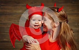 Family mother and baby son celebrate Halloween in devil costume