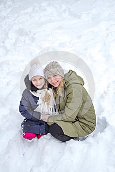 Family mother and child girl on winter walk in nature