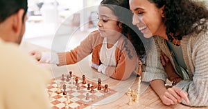 Family, mother and child playing chess at home while teaching or learning board game. Latino woman and girl kid partner