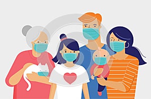 Family, mother, father, baby and a girl wearing medical masks during Coronavirus. Covid-19 concept. Self isolation, quarantine.