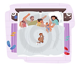 Family Mother, Father, Children and Cat Characters Sleep Together on One Bed. Mom, Dad and Kids Embracing Each Other