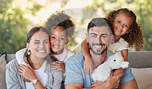 Family, mother and father with foster children hugging in a happy portrait together love sharing quality time together