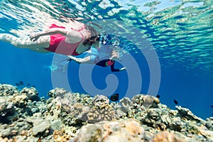 Family mother and kids snorkeling