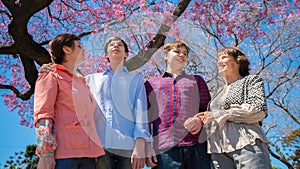 Family mother, sons and grandmother in the park