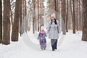 Family, motherhood and nature concept - Mother with her child walking in the winter park