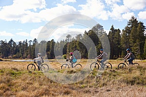 Family mountain biking in countryside, Big Bear, California