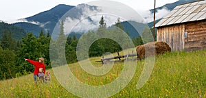 Family on mountainside