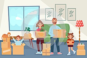 Family move to new house. Happy parent and children holding boxes with household stuff. Mother, father, kids and cat
