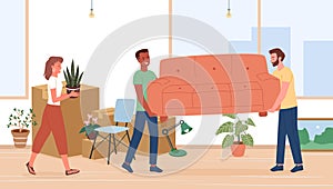 Family move to new house or home apartment vector illustration. Cartoon happy woman with flower pot, young man