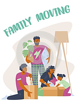 Family moving banner or poster, card template, flat vector illustration.