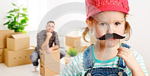 Family moving home and renovation. funny girl with a mustache f