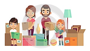 Family moving new home. Happy people packing unpacking boxes cardboard package deliver parents kids relocation, flat photo